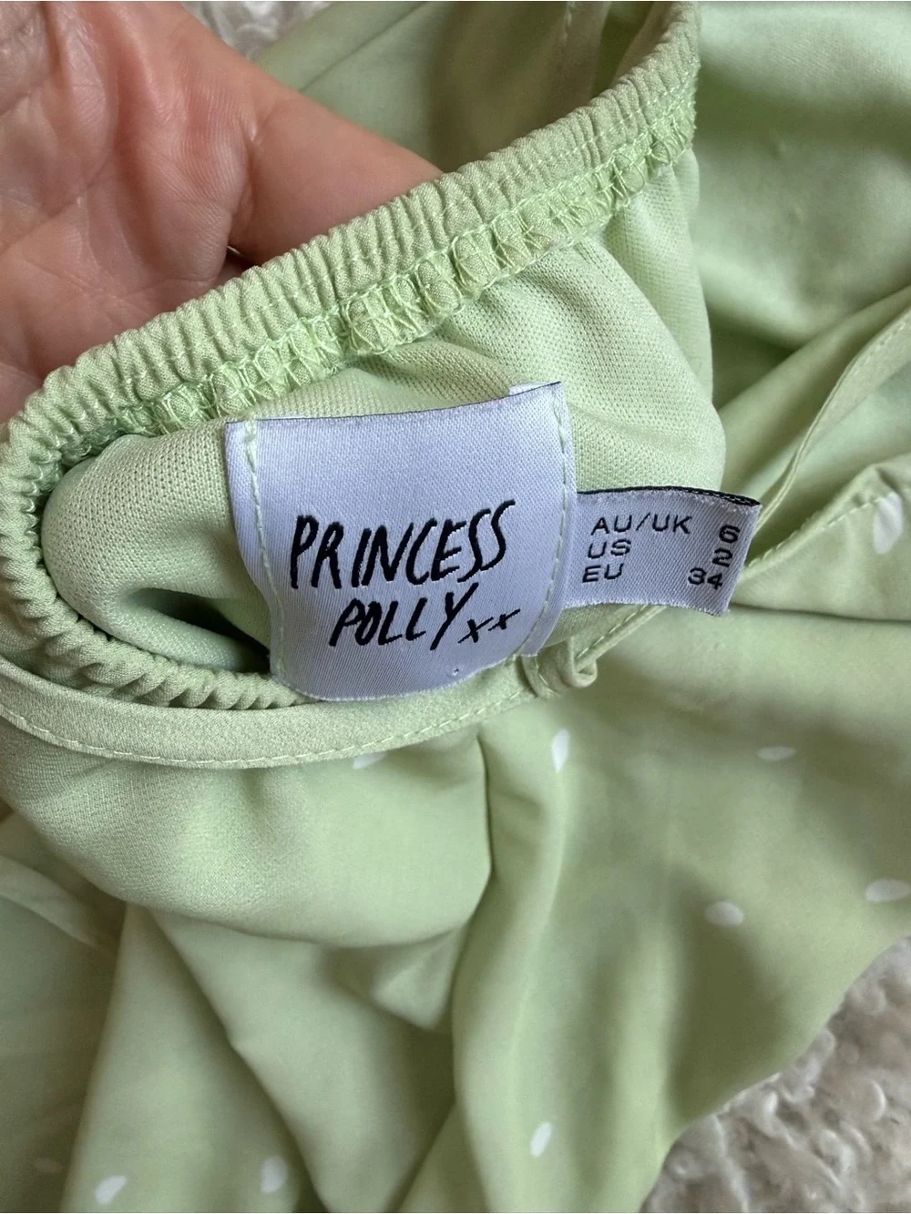 Princess Polly On Cloud Nine Open Back Dress in Sage Green w/ White Polka Dots - Picture 6 of 13
